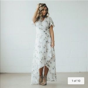 Boho floral wrap maxi dress white with blue floral